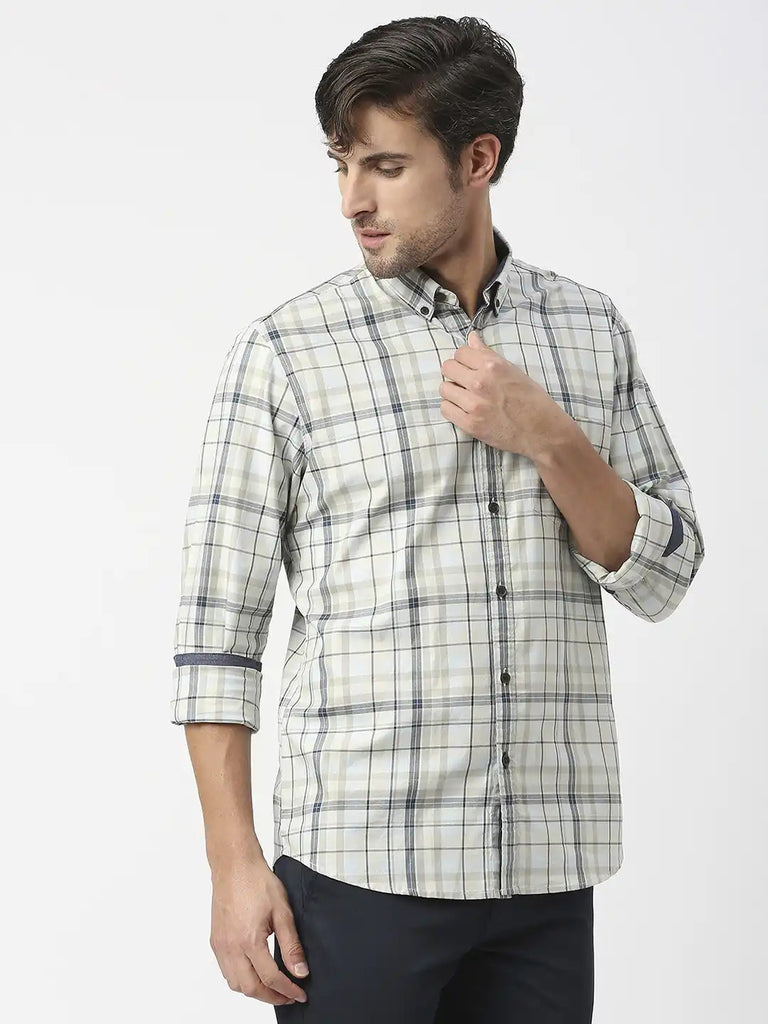 Beige Twill Checked Shirt With Pocket