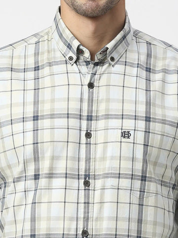 Beige Twill Checked Shirt With Pocket