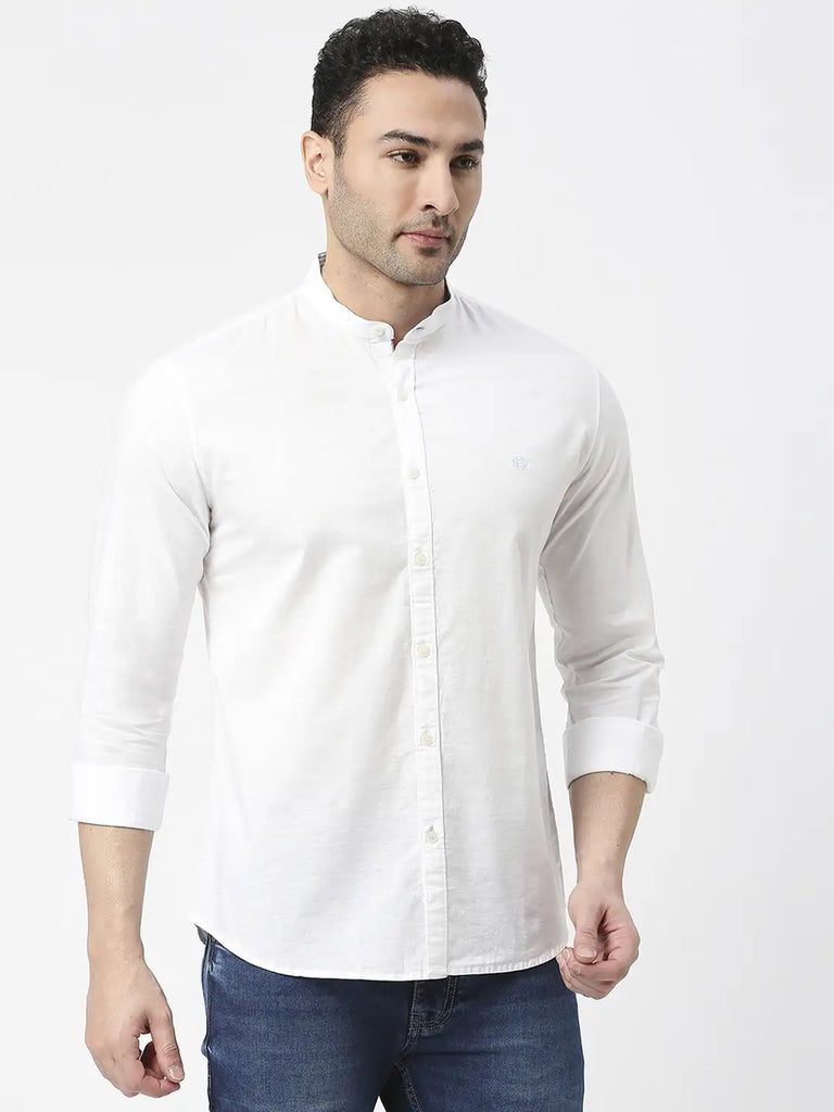 White Premium Cotton Solid Shirt With Mandarin Collar