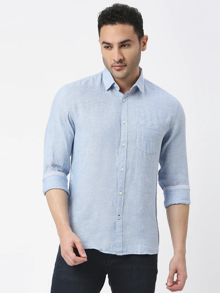 Sky Blue Pure Linen Shirt With Pocket