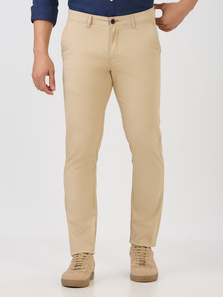 Light Khaki-Dobby Lycra-Trousers-Slim-Tapered-Fit