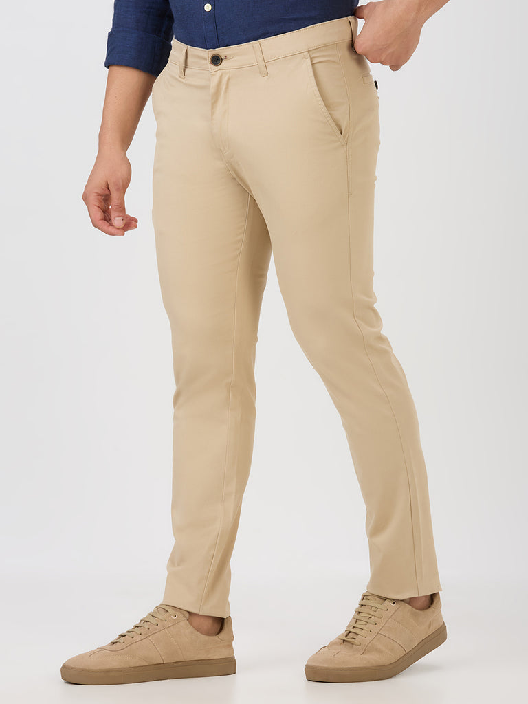 Light Khaki-Dobby Lycra-Trousers-Slim-Tapered-Fit