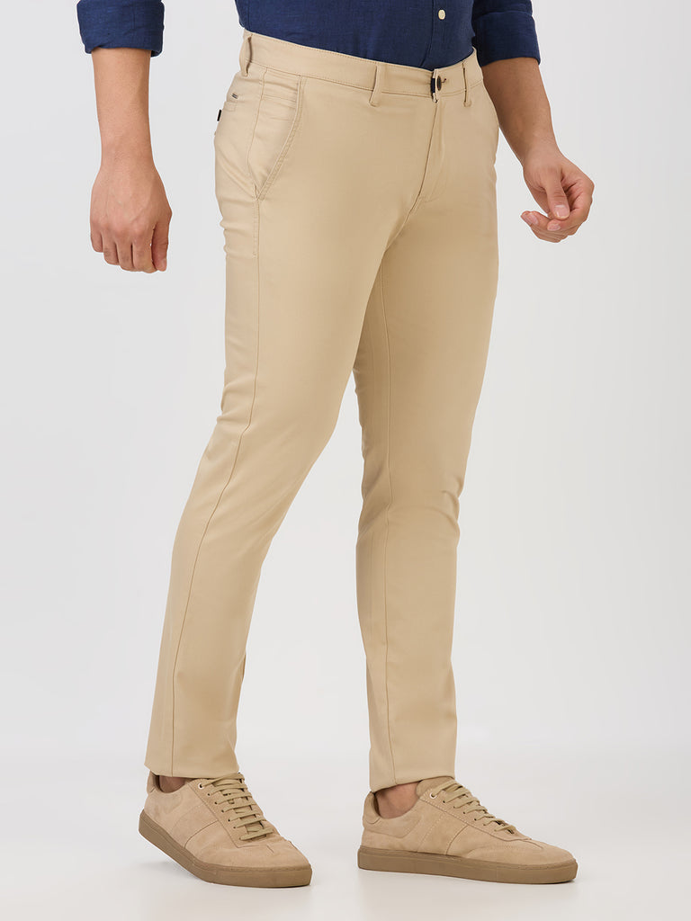Light Khaki-Dobby Lycra-Trousers-Slim-Tapered-Fit