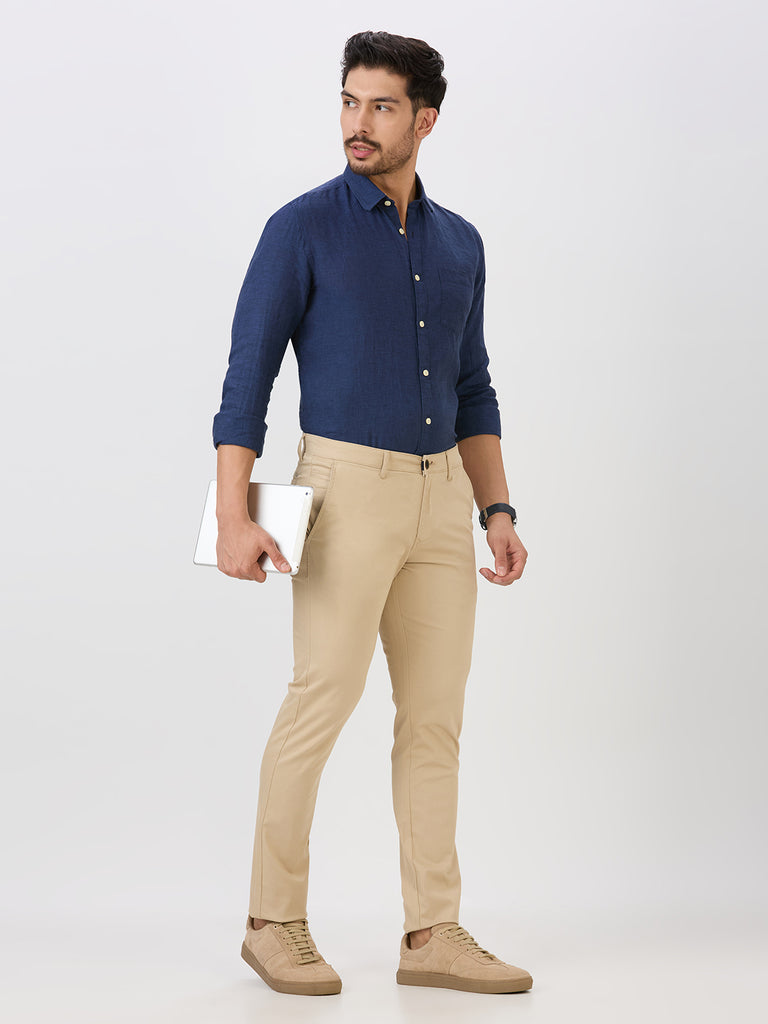 Light Khaki-Dobby Lycra-Trousers-Slim-Tapered-Fit