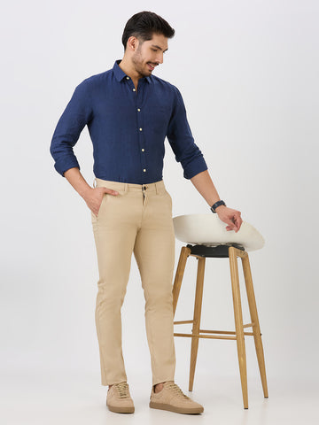 Light Khaki-Dobby Lycra-Trousers-Slim-Tapered-Fit