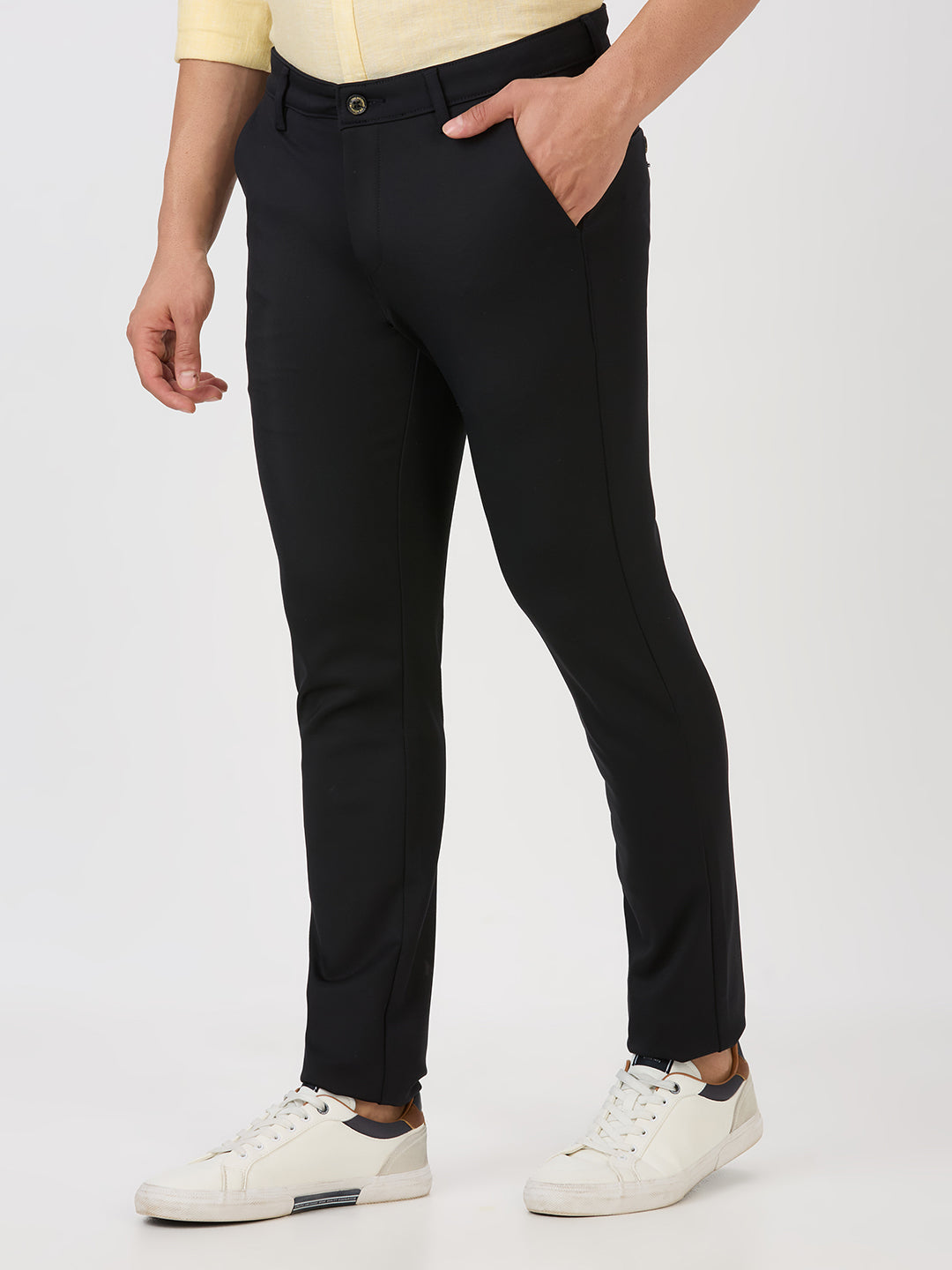 Navy-4 Way Lycra Stretch-Trousers-Slim-Tapered-Fit