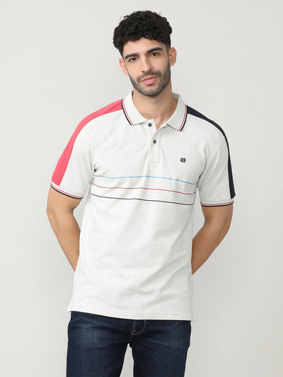 Ecru Pique Lycra Polo T-shirt With Contrast Cut-N-Sew Style