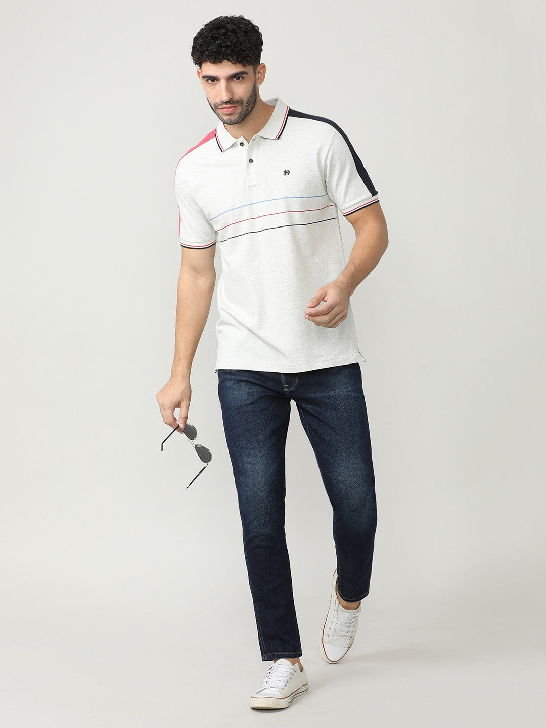 Ecru Pique Lycra Polo T-shirt With Contrast Cut-N-Sew Style