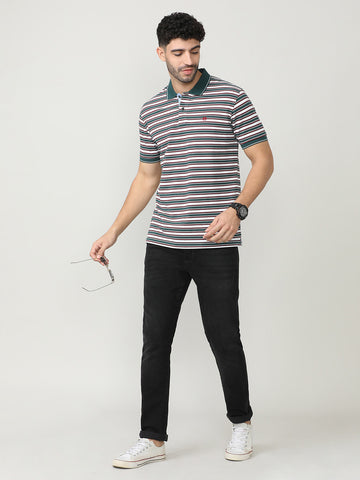 Wine Pique Lycra Stripes Polo T-shirt With Contrast Collar