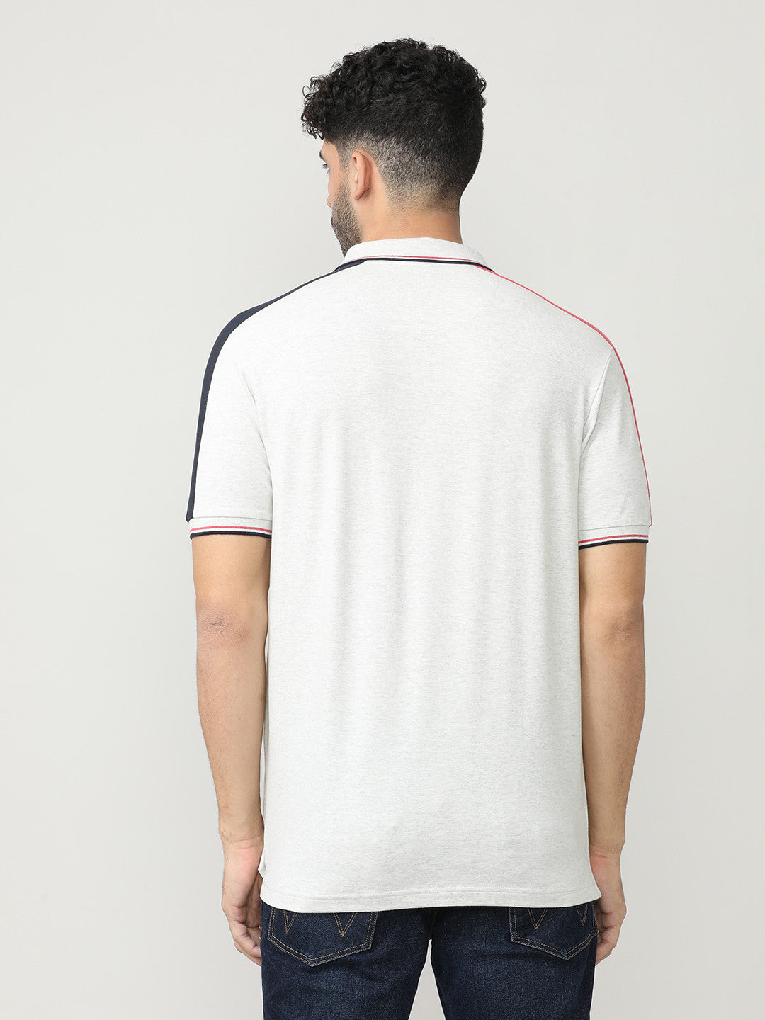 Ecru Pique Lycra Polo T-shirt With Contrast Cut-N-Sew Style