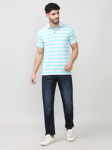Aqua Pique Stripes Polo T-shirt With Tipping Collar