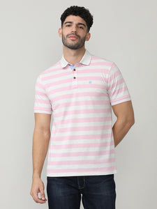 Pink Pique Stripes Polo T-shirt With Tipping Collar