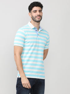 Aqua Pique Stripes Polo T-shirt With Tipping Collar