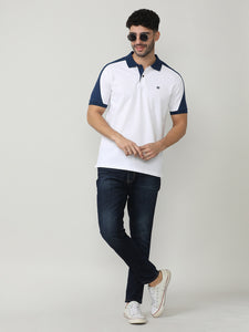 White Pique Lycra Polo T-shirt With Contrast Cut-N-Sew Style