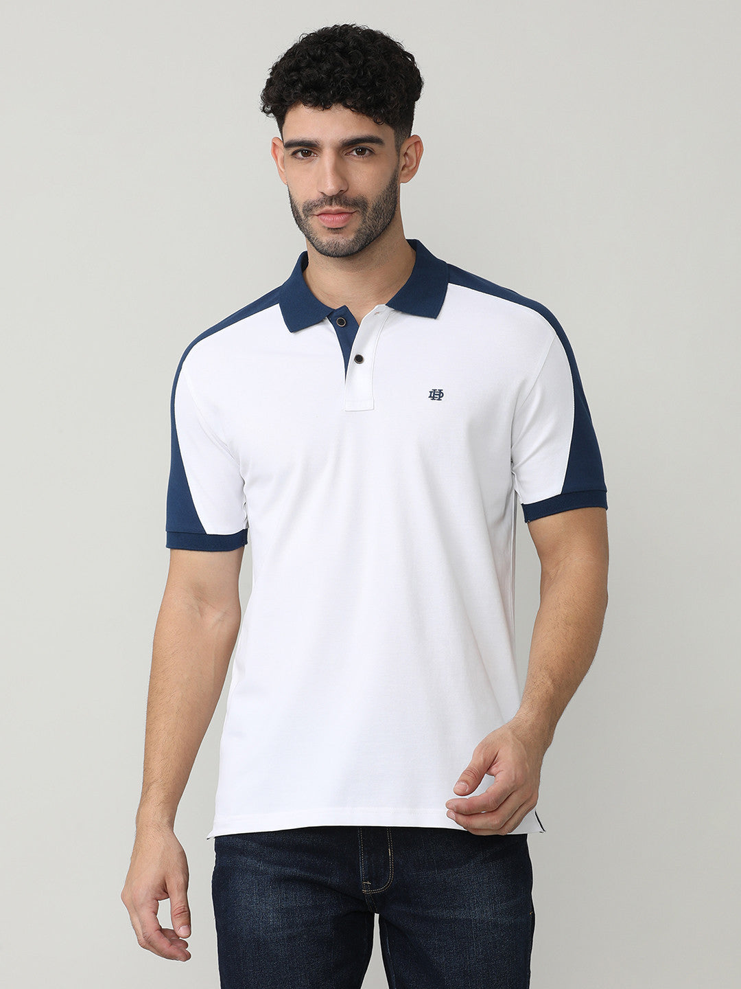 White Pique Lycra Polo T-shirt With Contrast Cut-N-Sew Style