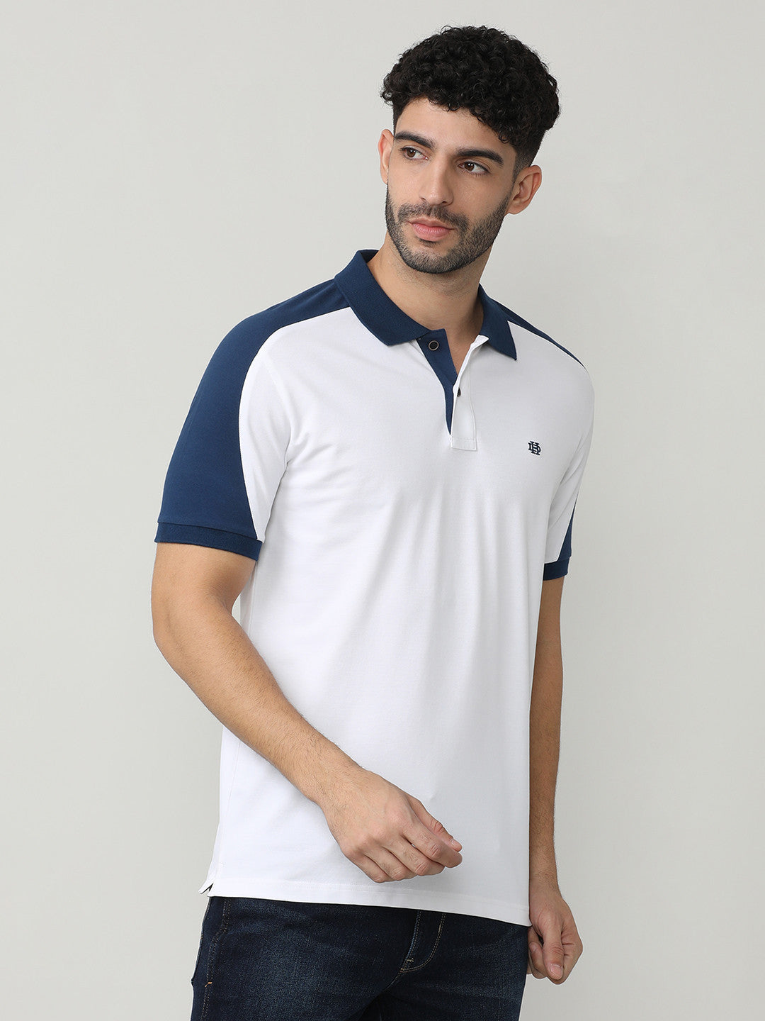 White Pique Lycra Polo T-shirt With Contrast Cut-N-Sew Style