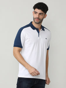 White Pique Lycra Polo T-shirt With Contrast Cut-N-Sew Style