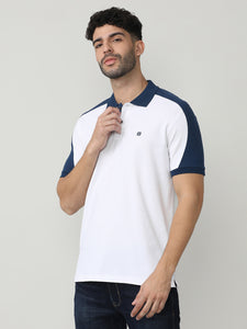 White Pique Lycra Polo T-shirt With Contrast Cut-N-Sew Style