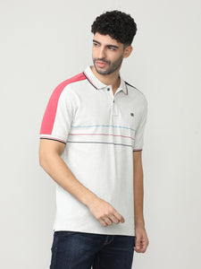 Ecru Pique Lycra Polo T-shirt With Contrast Cut-N-Sew Style
