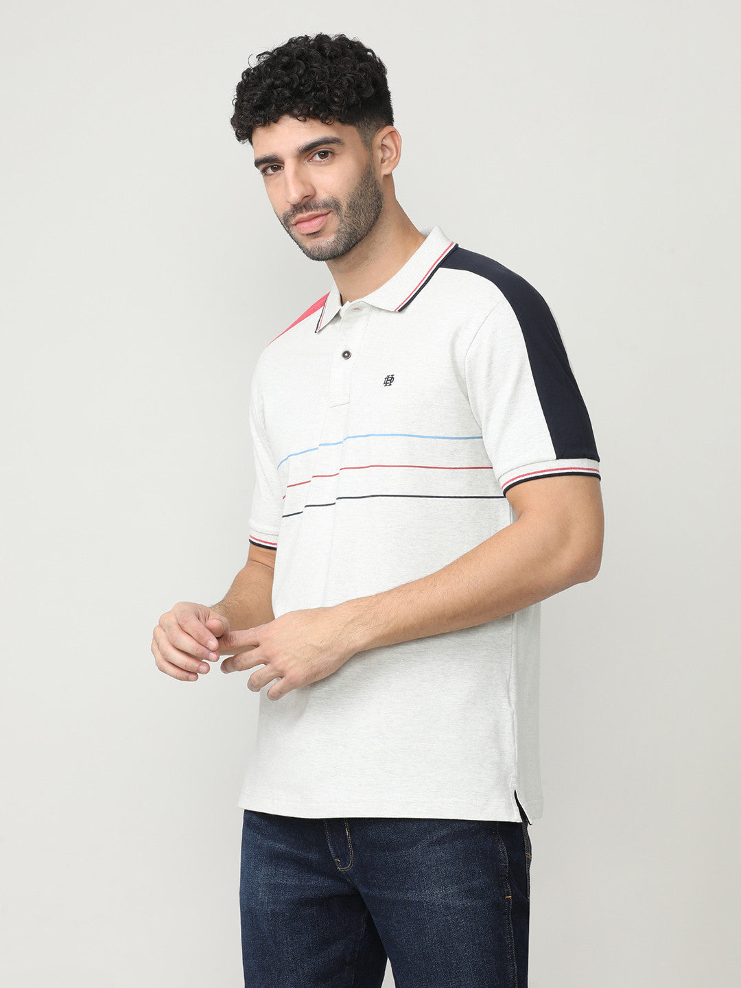 Ecru Pique Lycra Polo T-shirt With Contrast Cut-N-Sew Style