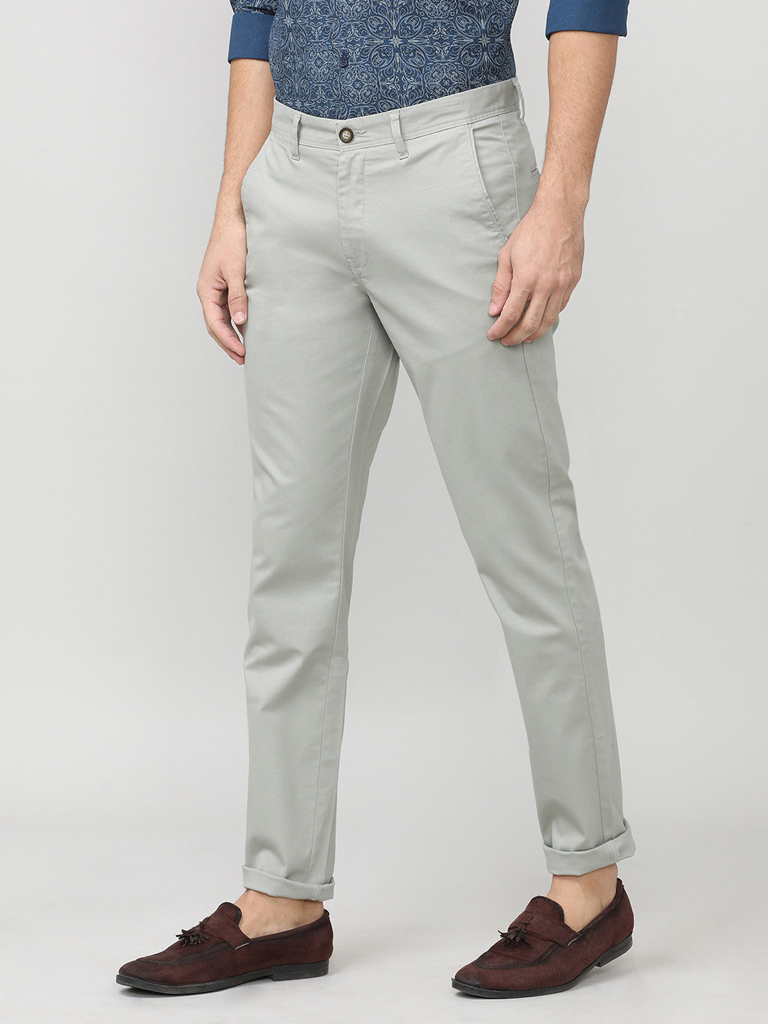 Stone Grey Fine Twill Lycra Slim Fit Cotton Trouser
