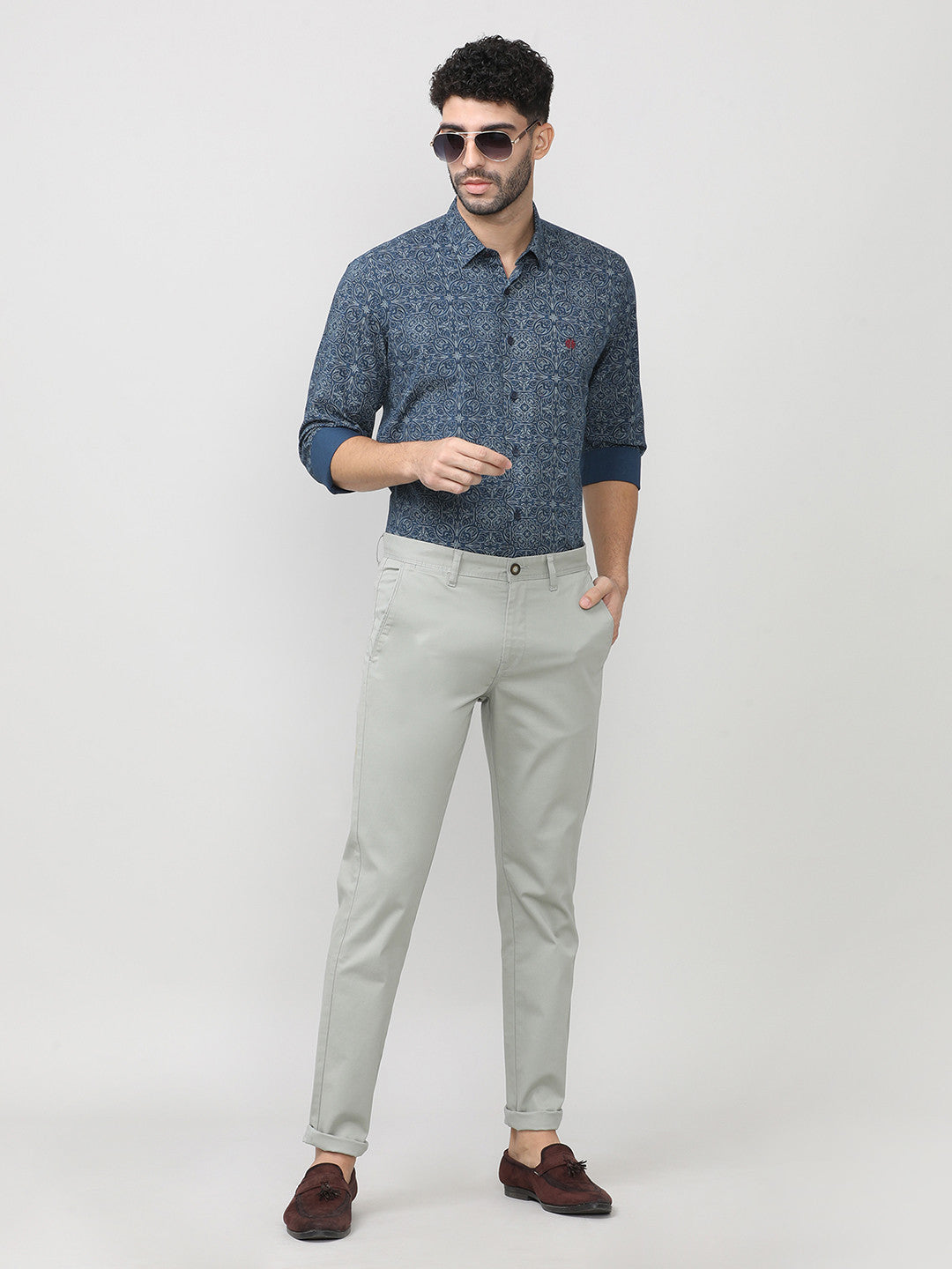 Stone Grey Fine Twill Lycra Slim Fit Cotton Trouser