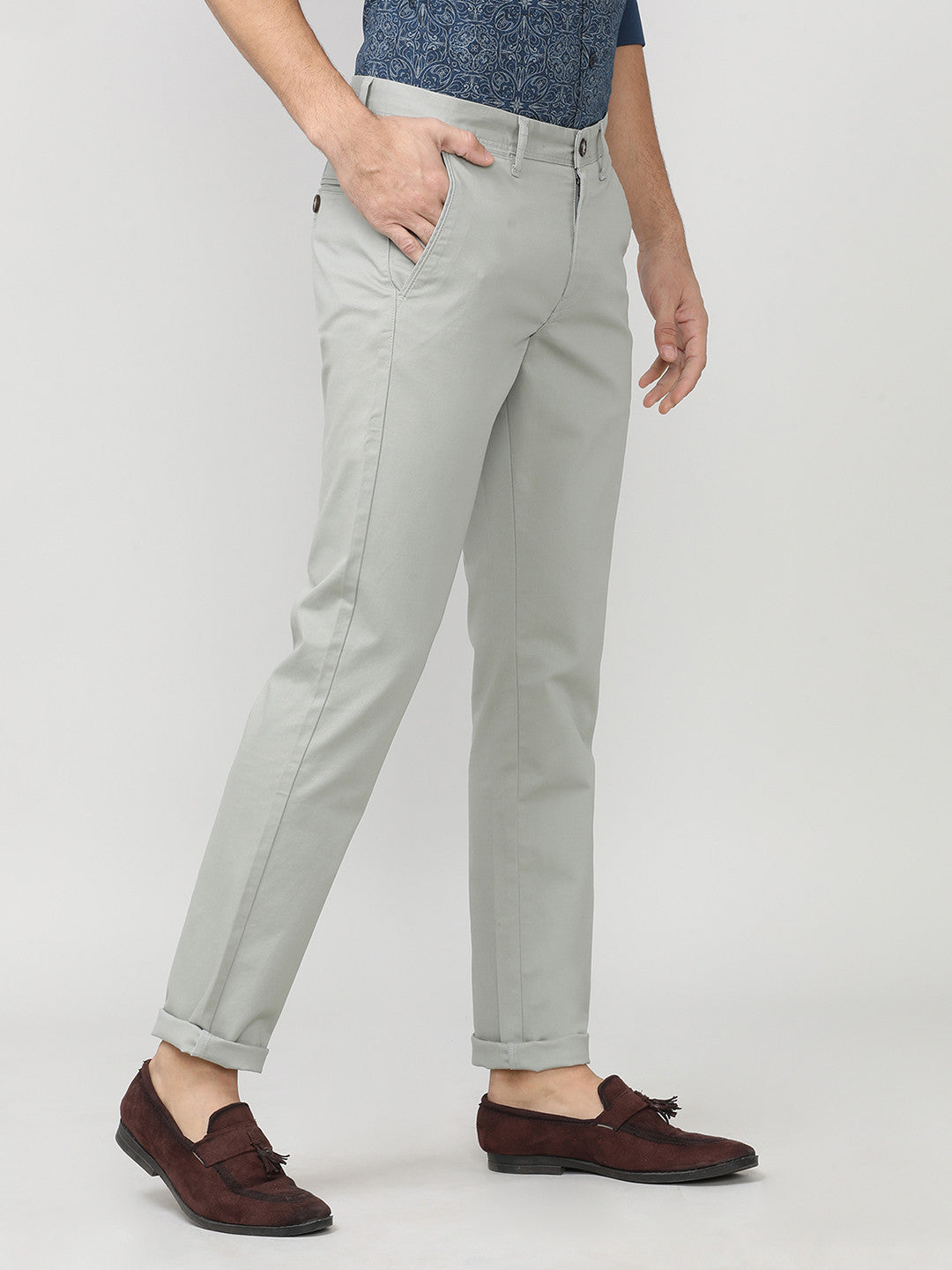 Stone Grey Fine Twill Lycra Slim Fit Cotton Trouser