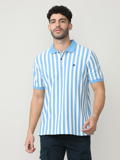 Royal Blue Pique Lycra Verticle Stripes Polo T-shirt With Constrast Collar