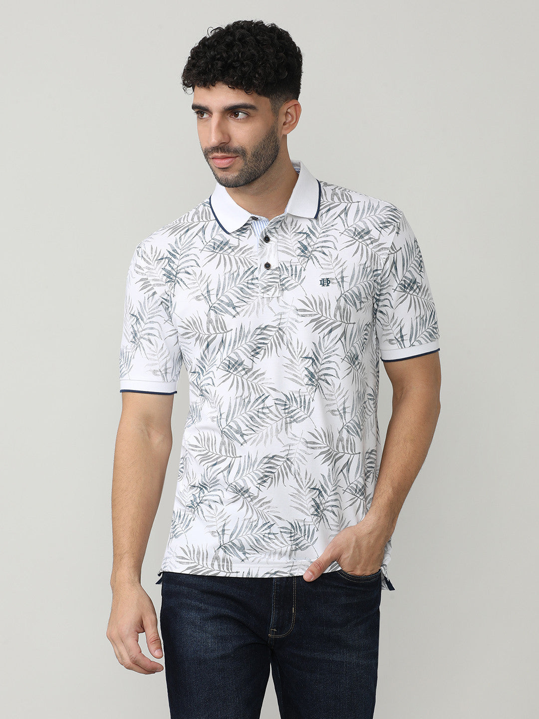 White Pique Lycra Printed Polo T-shirt With Tipping Collar