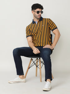 Mustard Pique Lycra Verticle Stripes Polo T-shirt With Constrast Collar