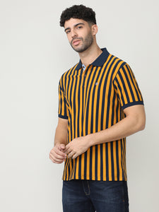 Mustard Pique Lycra Verticle Stripes Polo T-shirt With Constrast Collar