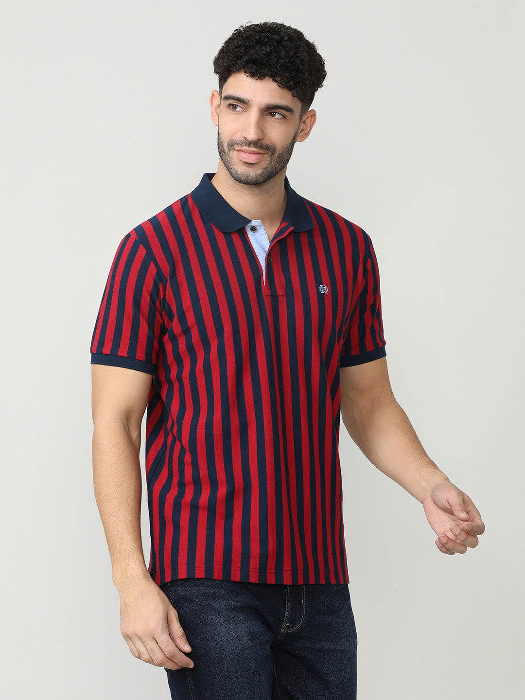 Deep Red Pique Lycra Verticle Stripes Polo T-shirt With Constrast Collar