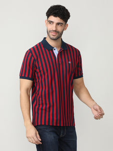 Deep Red Pique Lycra Verticle Stripes Polo T-shirt With Constrast Collar