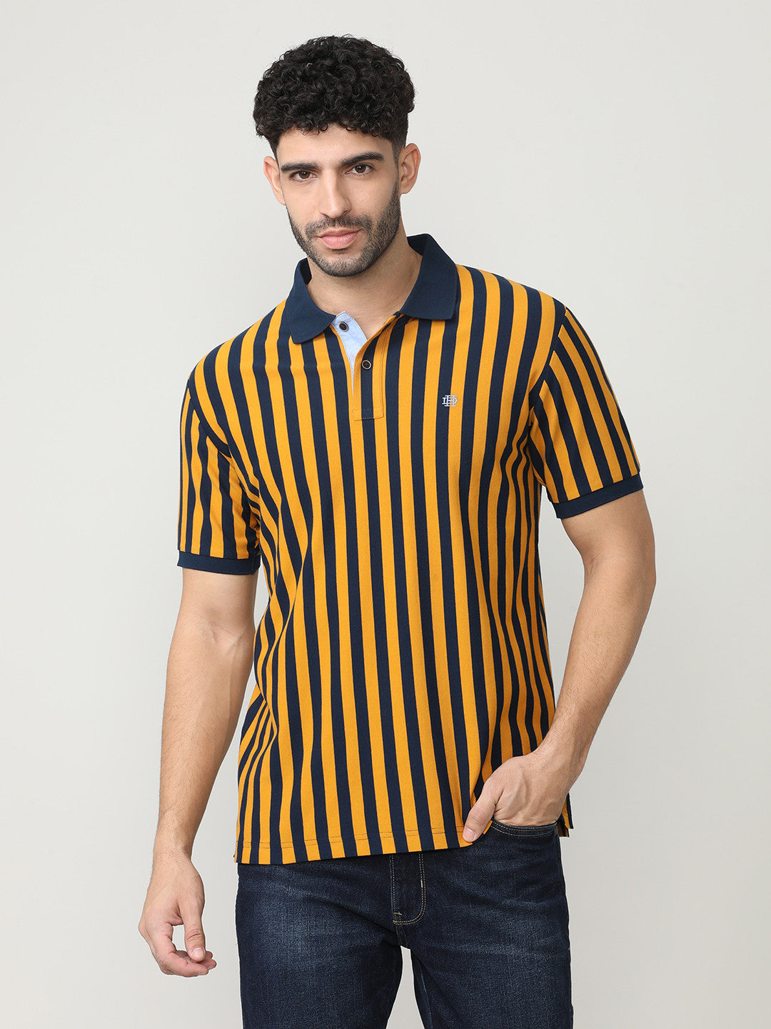 Mustard Pique Lycra Verticle Stripes Polo T-shirt With Constrast Collar