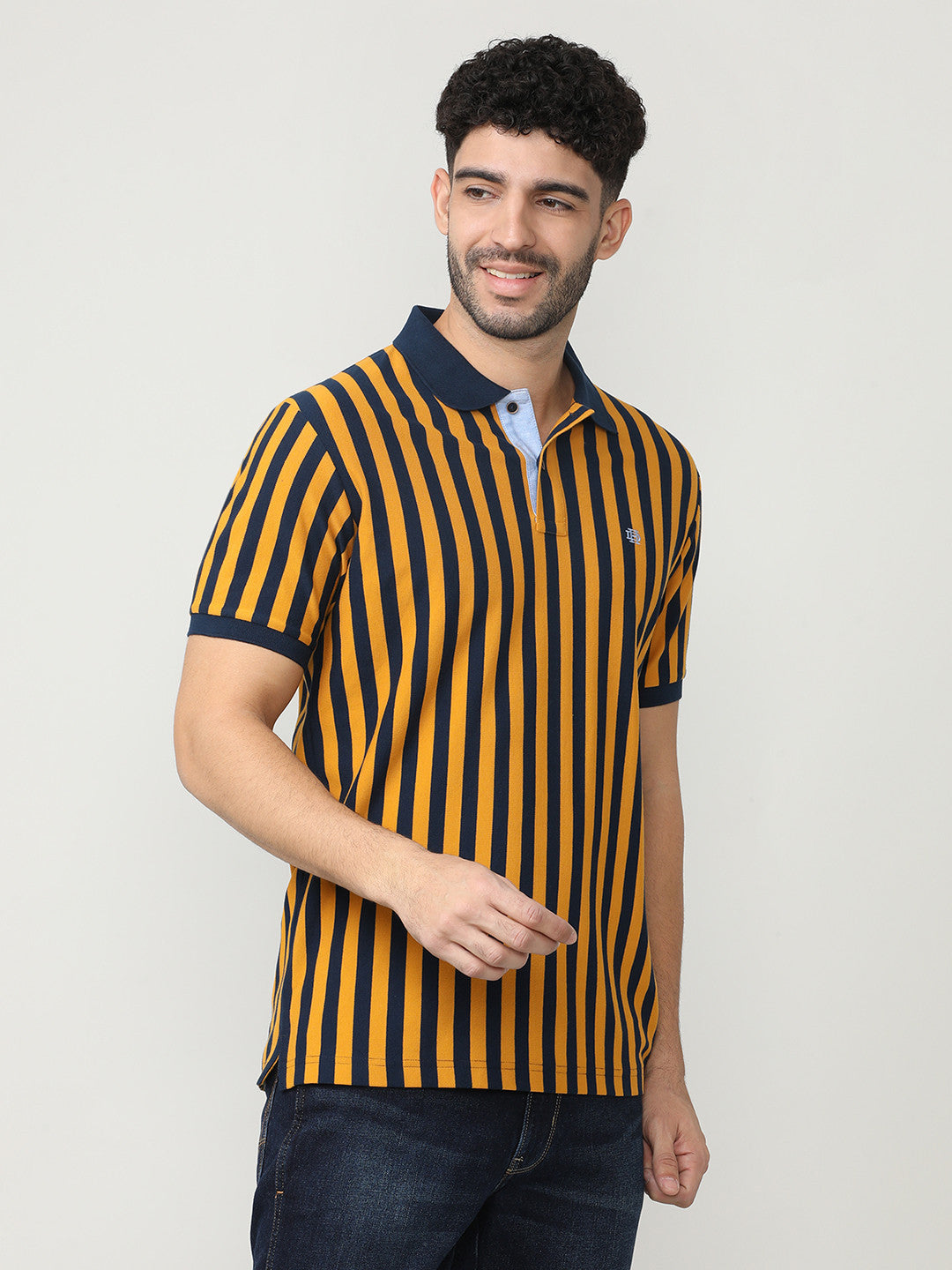 Mustard Pique Lycra Verticle Stripes Polo T-shirt With Constrast Collar