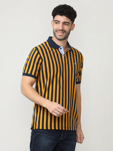 Mustard Pique Lycra Verticle Stripes Polo T-shirt With Constrast Collar