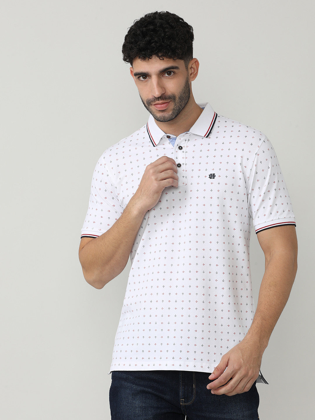 White Pique Lycra Printed Polo T-shirt With Tipping Collar