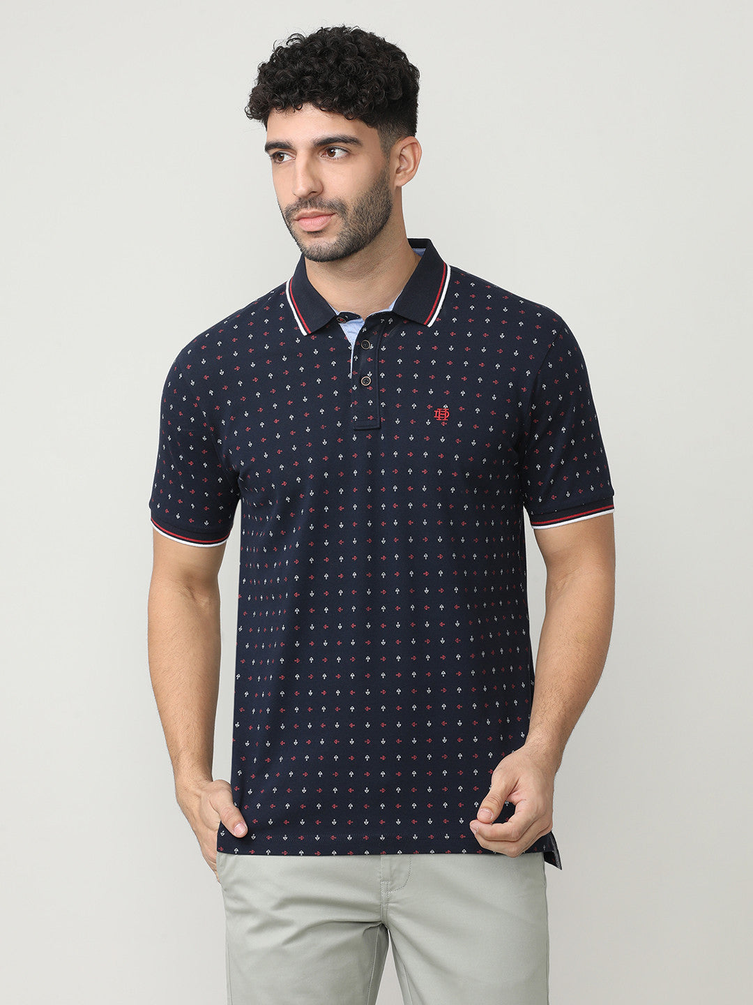 Navy Blue Pique Lycra Printed Polo T-shirt With Tipping Collar