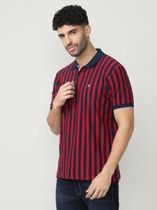 Deep Red Pique Lycra Verticle Stripes Polo T-shirt With Constrast Collar