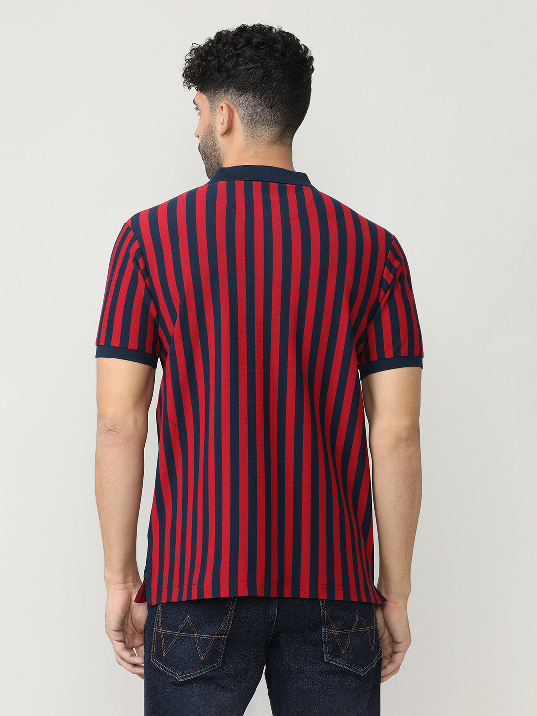 Deep Red Pique Lycra Verticle Stripes Polo T-shirt With Constrast Collar