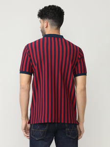 Deep Red Pique Lycra Verticle Stripes Polo T-shirt With Constrast Collar