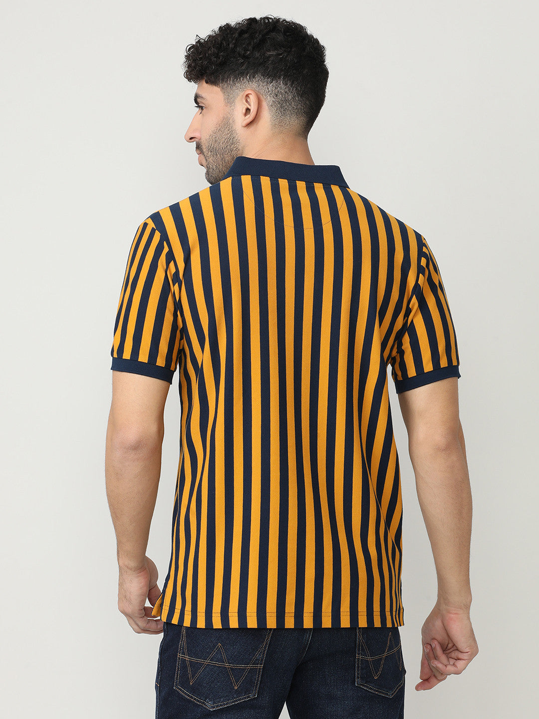 Mustard Pique Lycra Verticle Stripes Polo T-shirt With Constrast Collar