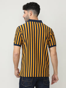 Mustard Pique Lycra Verticle Stripes Polo T-shirt With Constrast Collar