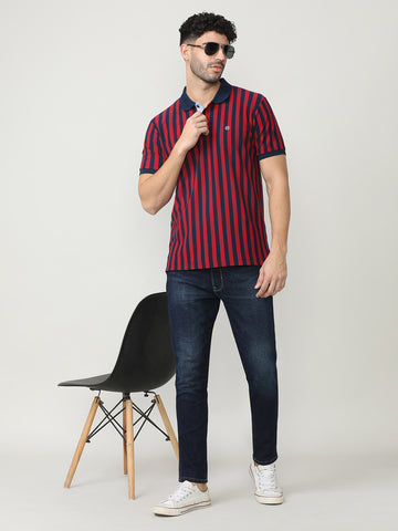 Deep Red Pique Lycra Verticle Stripes Polo T-shirt With Constrast Collar