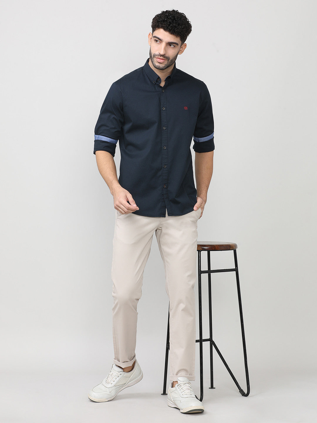 Navy Blue Twill Lycra Plain Shirt With Button Down Collar