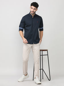Navy Blue Twill Lycra Plain Shirt With Button Down Collar