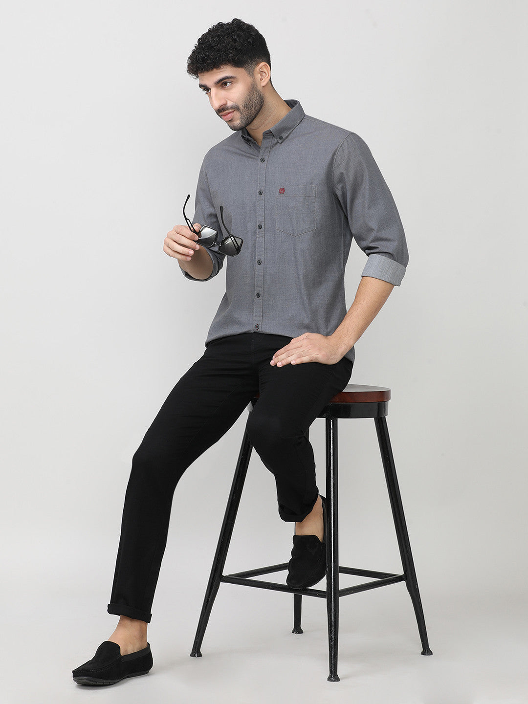 Carbon Black Birdeye Weave Cotton Plain Shirt With Button Down Collar