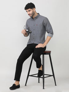 Carbon Black Birdeye Weave Cotton Plain Shirt With Button Down Collar