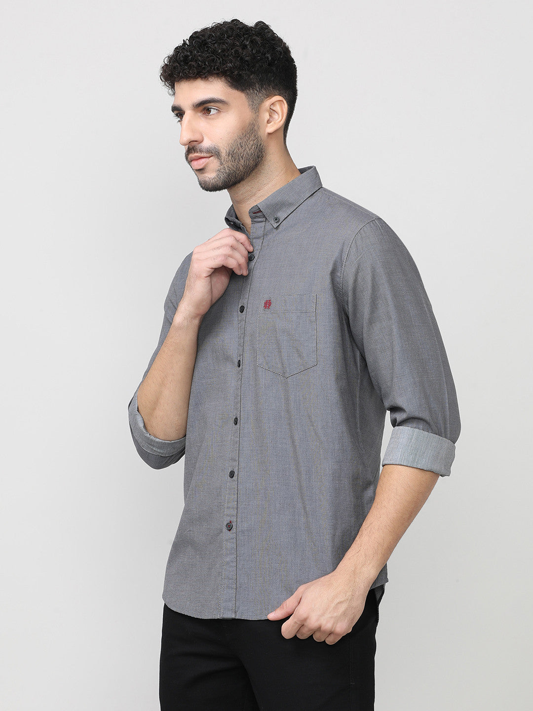 Carbon Black Birdeye Weave Cotton Plain Shirt With Button Down Collar