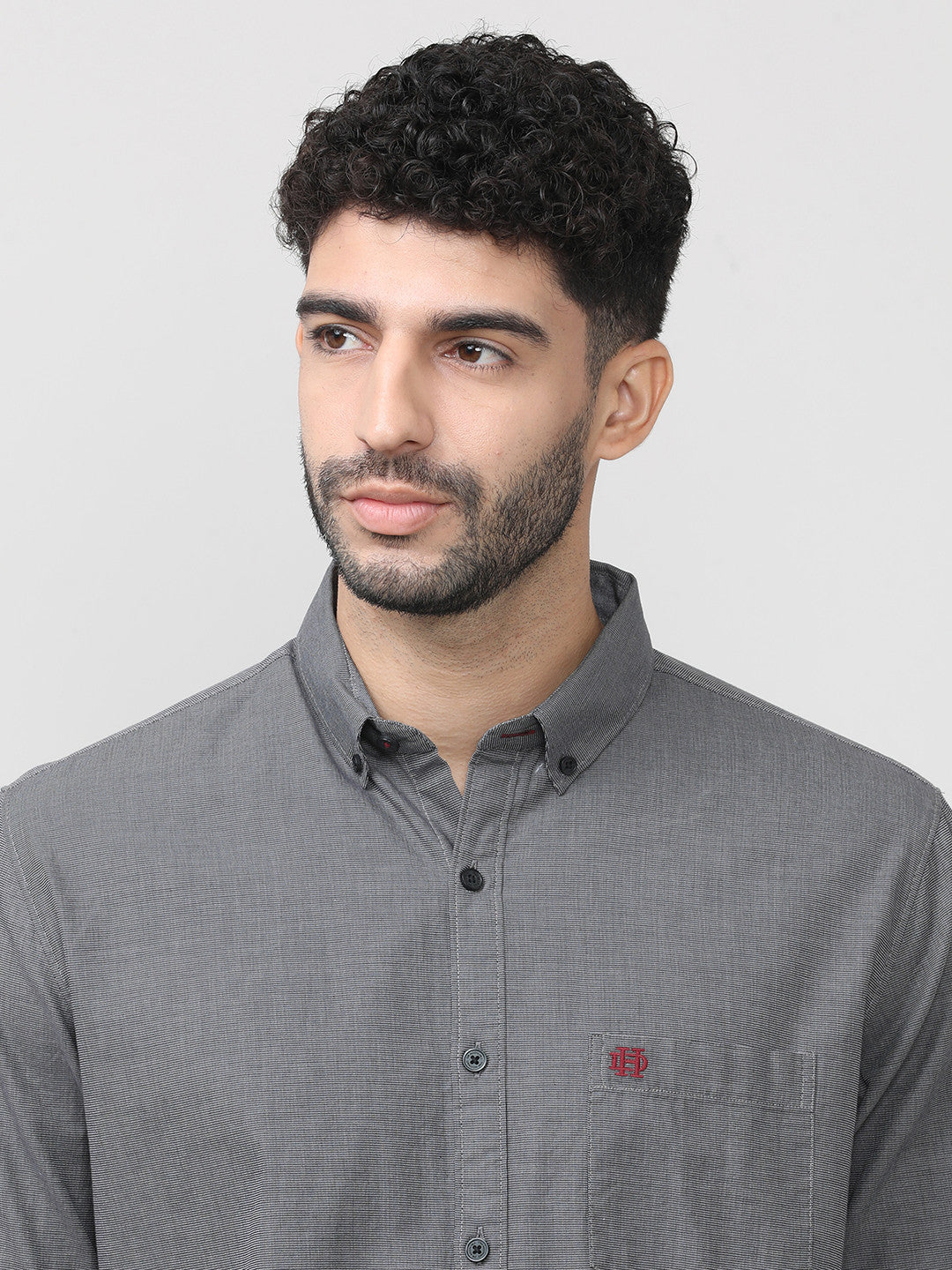 Carbon Black Birdeye Weave Cotton Plain Shirt With Button Down Collar
